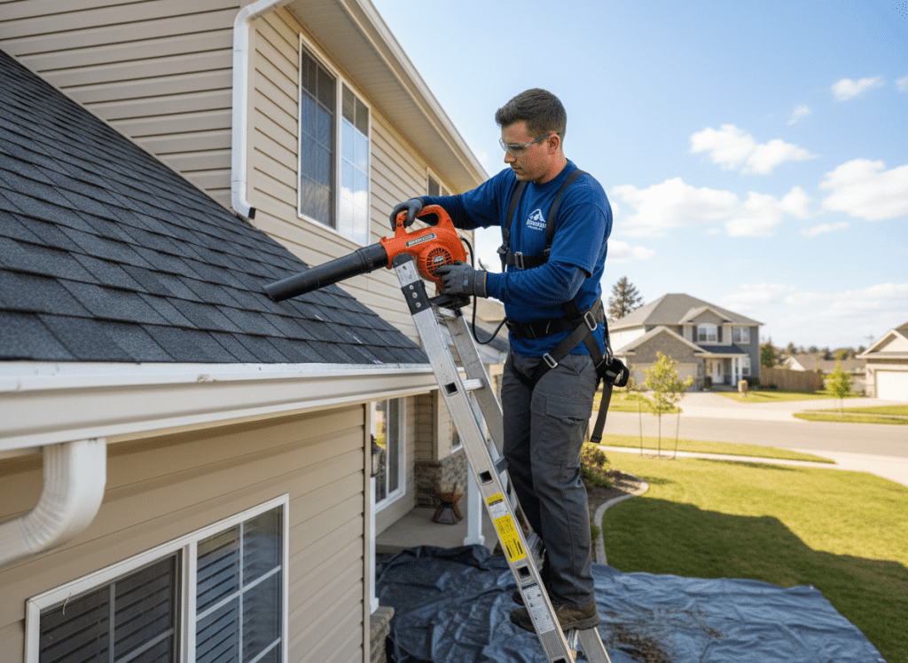Professional gutter cleaning on a suburban home roofline, clean gutters, ladder against house, bright daylight, professional home service photography