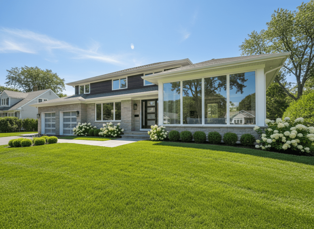 Professional exterior of a modern suburban home in New Jersey with large gleaming clean windows reflecting blue sky, bright natural daylight, crisp and pristine, wide angle, high-end residential photography, clean and trustworthy mood