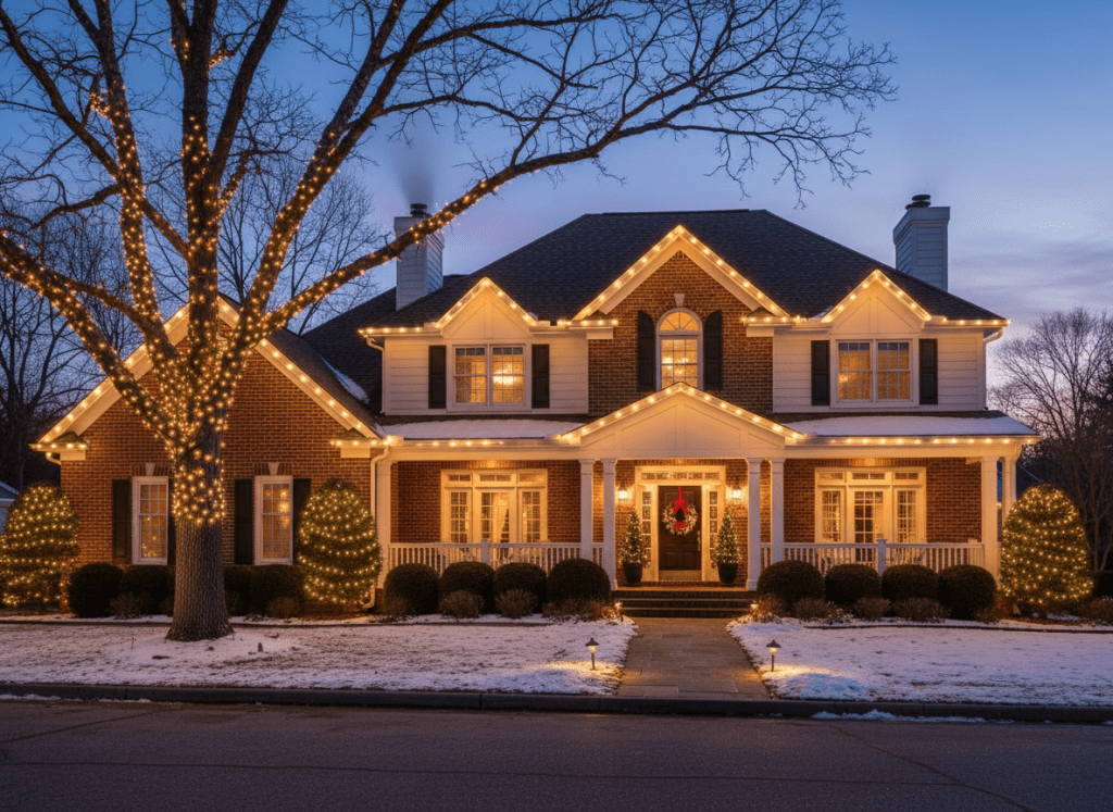 Beautiful suburban home exterior decorated with warm white holiday string lights at dusk, festive and tasteful, professional installation, cozy winter evening