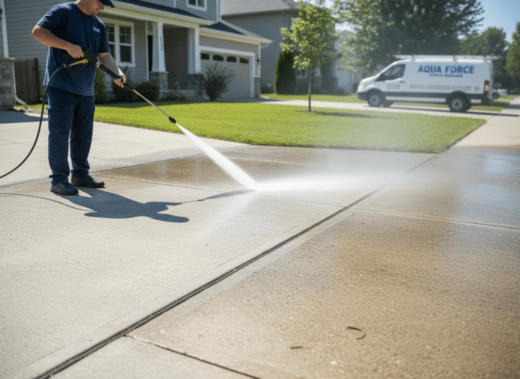 Pressure washing a residential driveway and walkway, powerful water spray blasting away dirt showing clean vs dirty contrast, bright daylight, professional home service photography