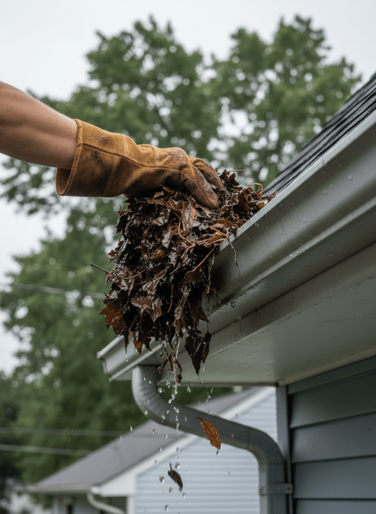 A close-up shot of a technician in work gloves scooping wet leaves and debris out of a residential gutter on a suburban New Jersey home, overcast natural light, realistic professional photo