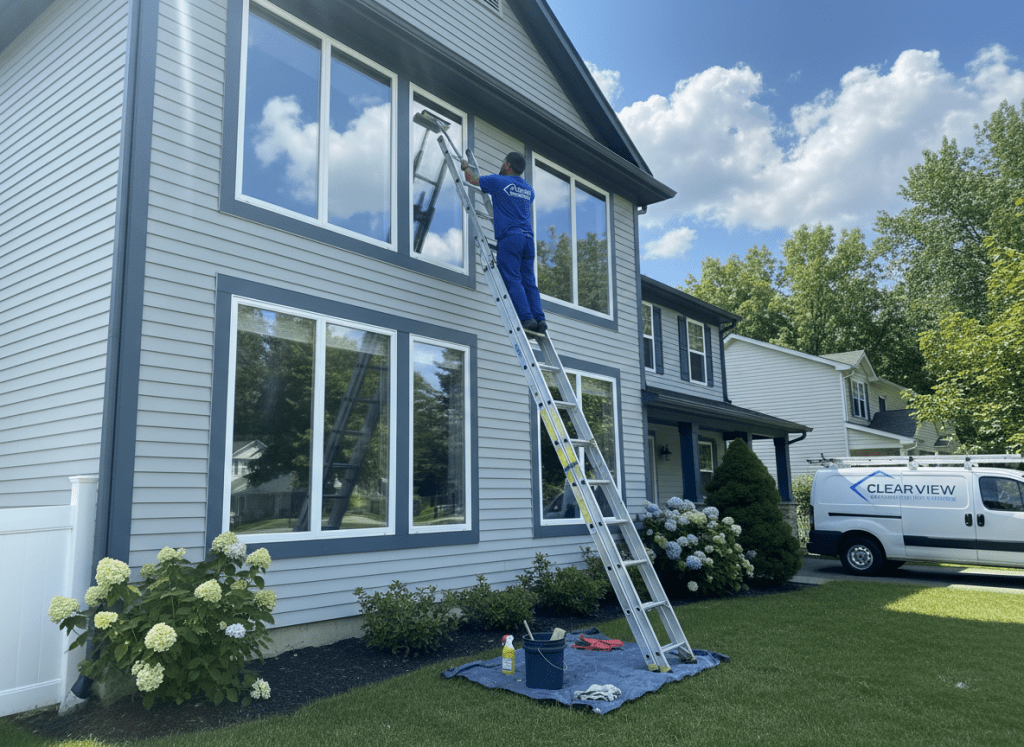Professional window cleaner on a ladder cleaning large residential windows on a suburban home, sparkling clean glass, bright sunny day, photorealistic