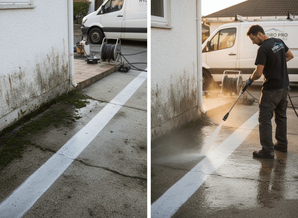 Professional technician pressure washing a dirty driveway or home exterior, powerful water jet blasting away grime, dramatic before and after contrast, photorealistic