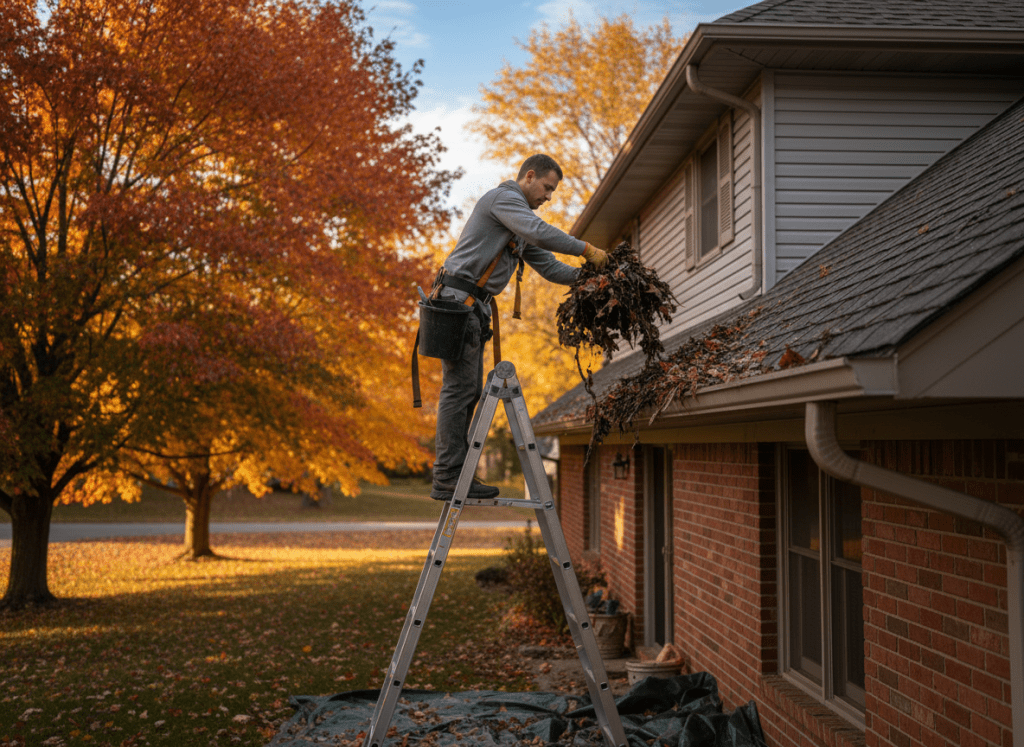 Professional technician on a ladder cleaning clogged gutters on a residential home, removing leaves and debris, autumn day, photorealistic