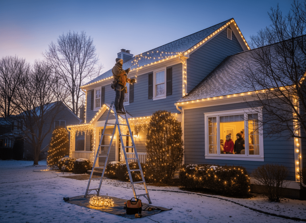 Professional holiday light installer hanging bright warm white Christmas lights on a beautiful suburban home at dusk, glowing festive atmosphere, photorealistic