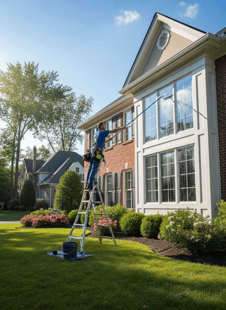Professional window cleaner on a ladder cleaning large residential home windows with a squeegee, bright sunny day, suburban neighborhood