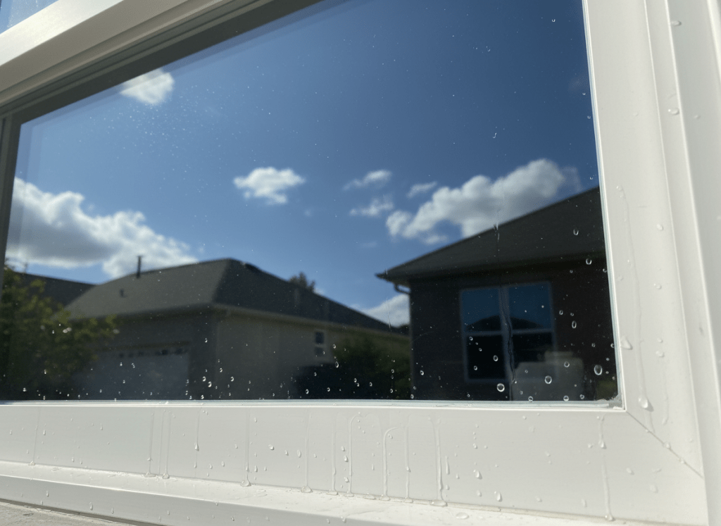 Close up of sparkling clean residential windows after professional window cleaning service, streak-free glass reflecting blue sky